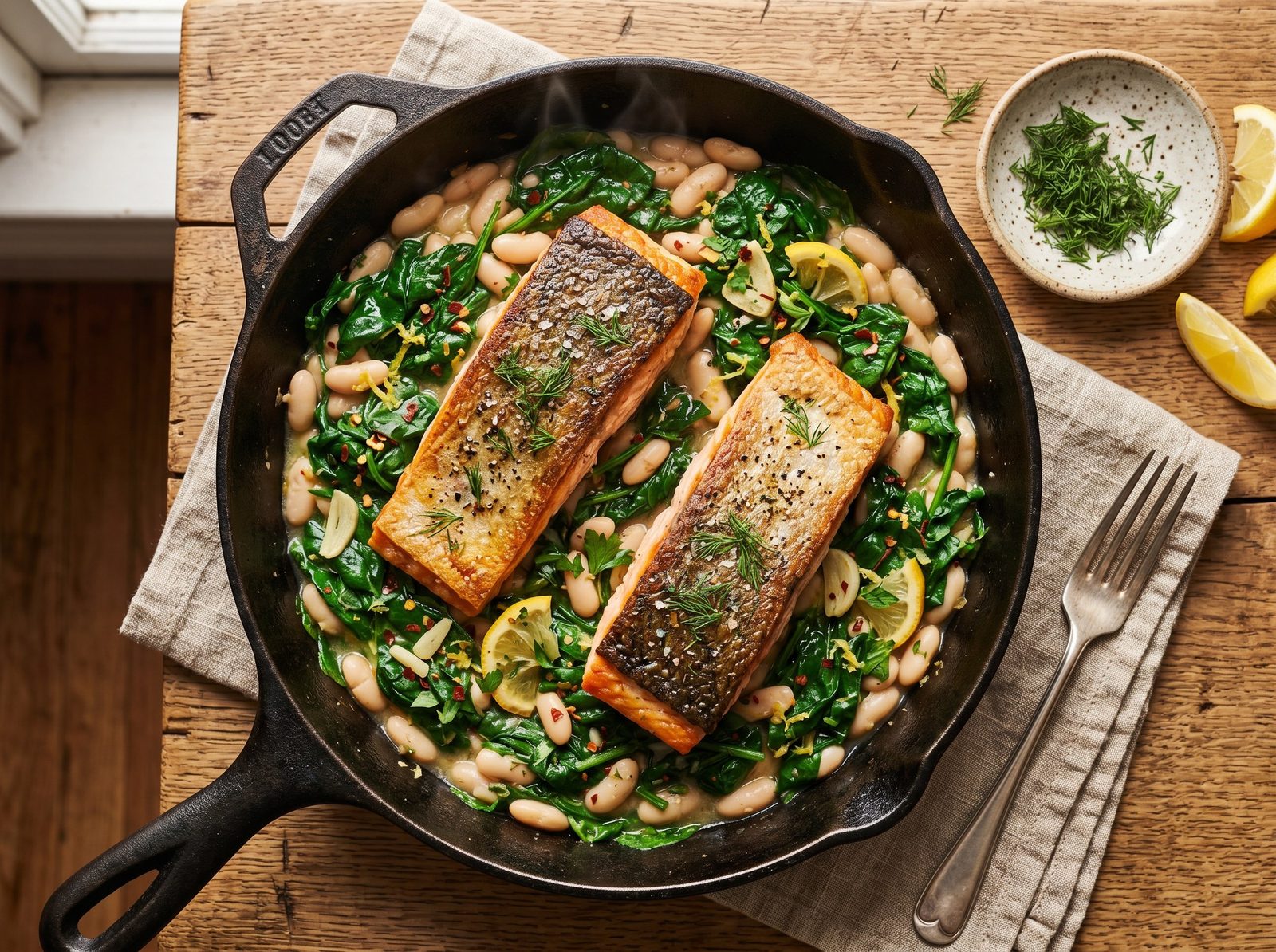 One-Skillet Salmon with Wilted Spinach and White Beans