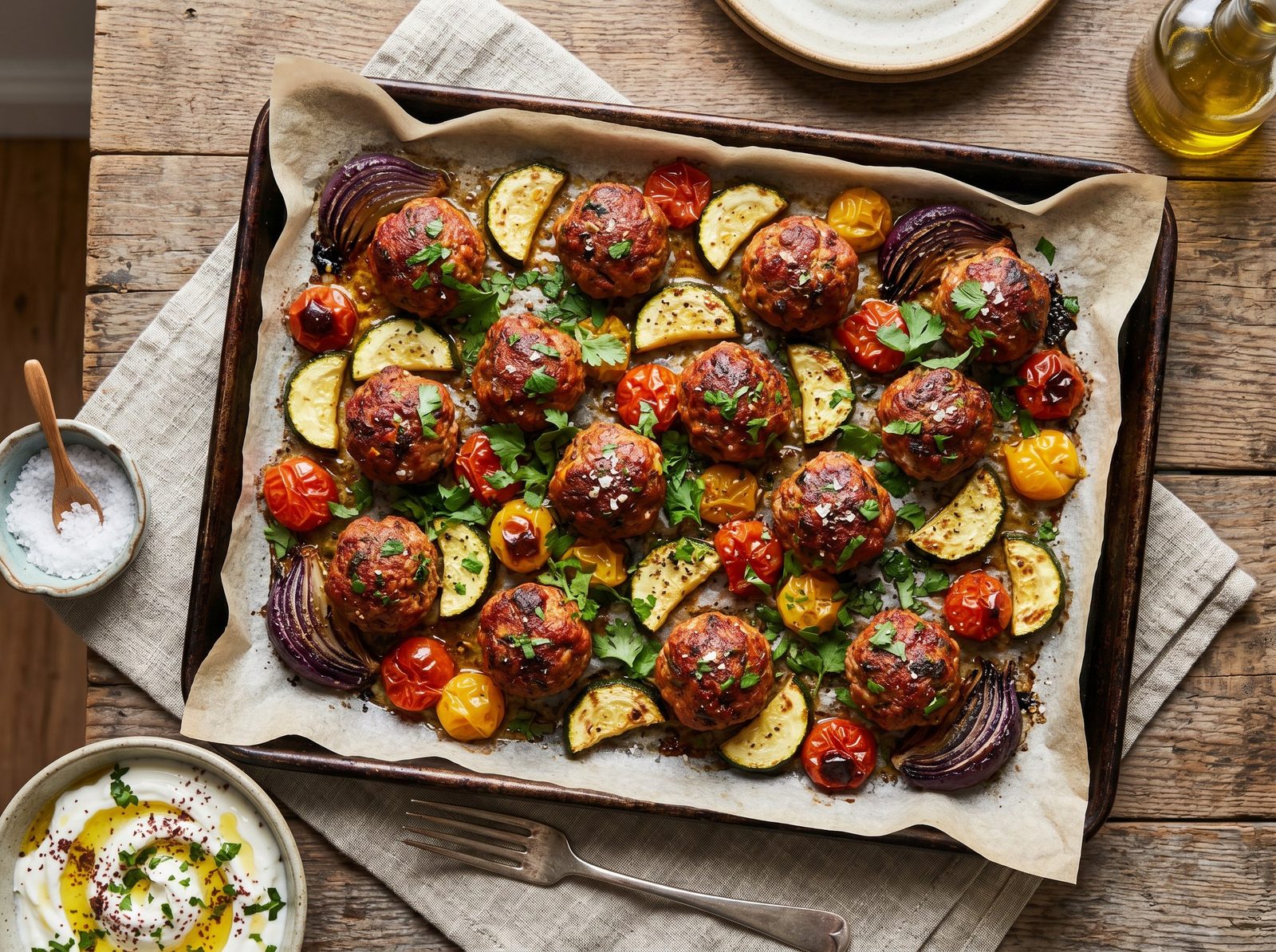 Harissa Lamb Meatballs with Roasted Zucchini and Tomatoes
