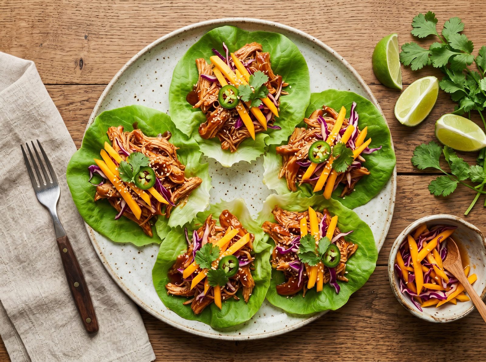 Slow Cooker Pulled Chicken with Mango Slaw Lettuce Cups