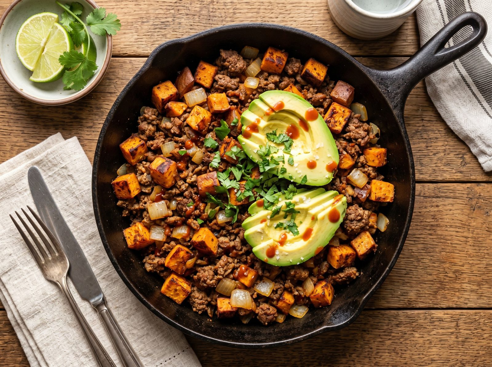 Ground Beef and Sweet Potato Skillet with Avocado