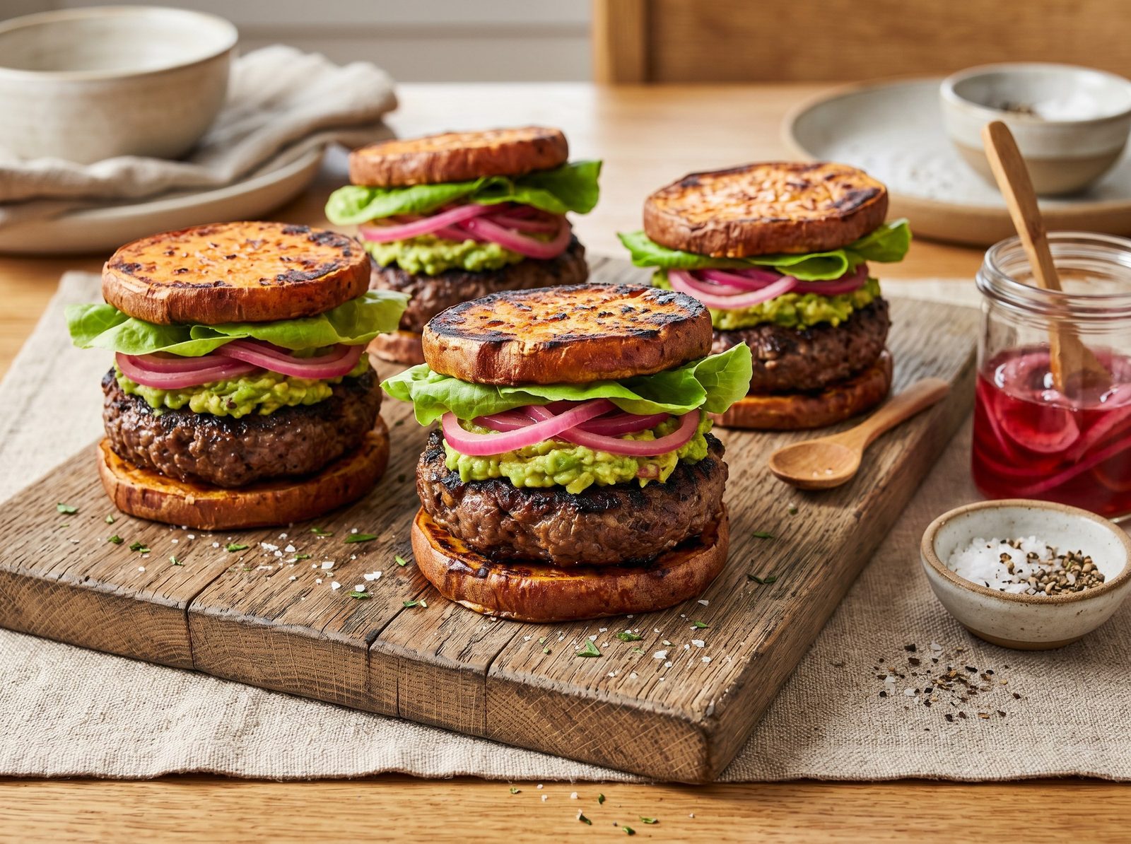 Grass-Fed Beef Burger Patties with Avocado, Pickled Onion, and Sweet Potato Buns