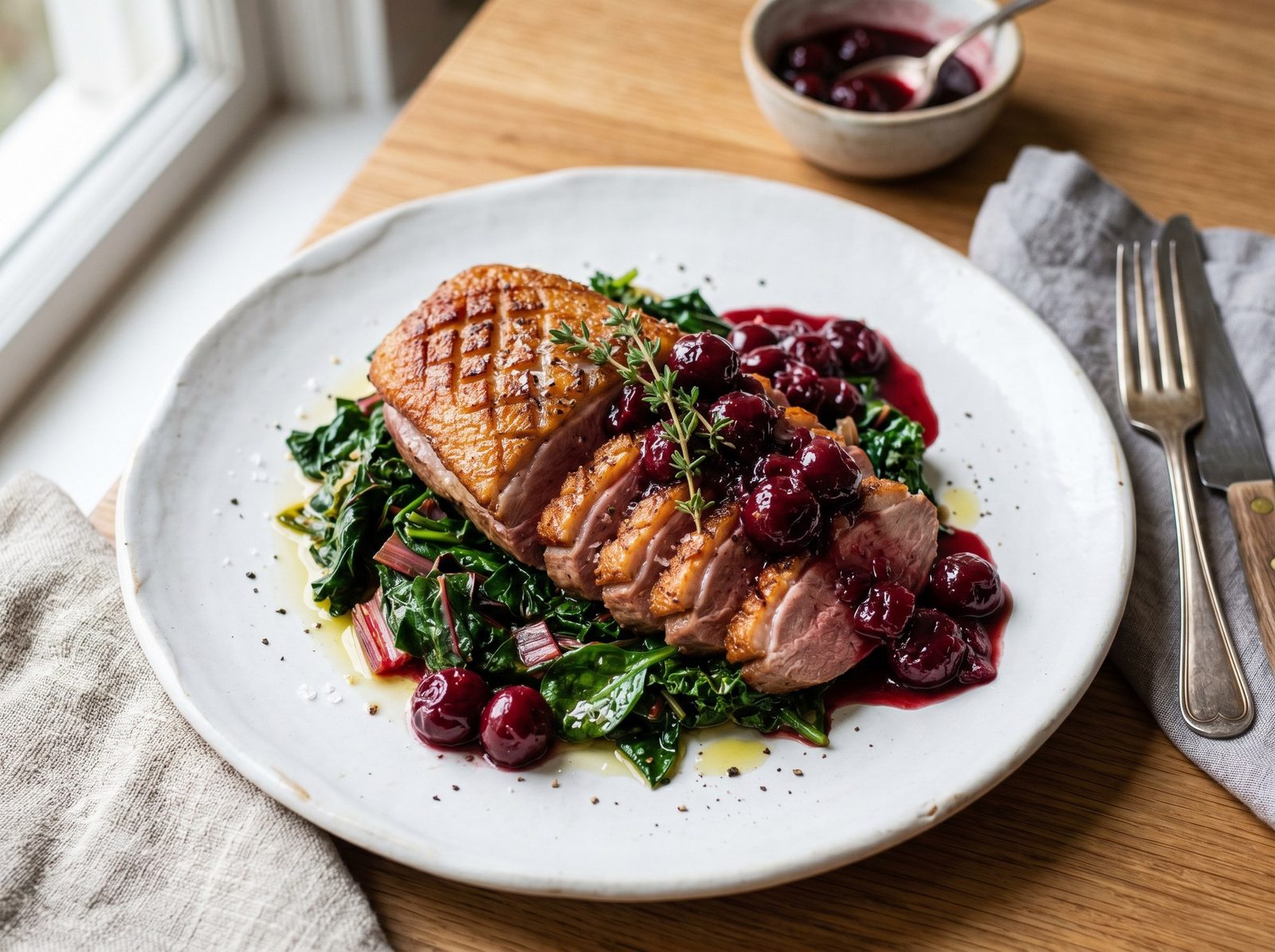 Seared Duck Breast with Cherry Sauce and Wilted Greens