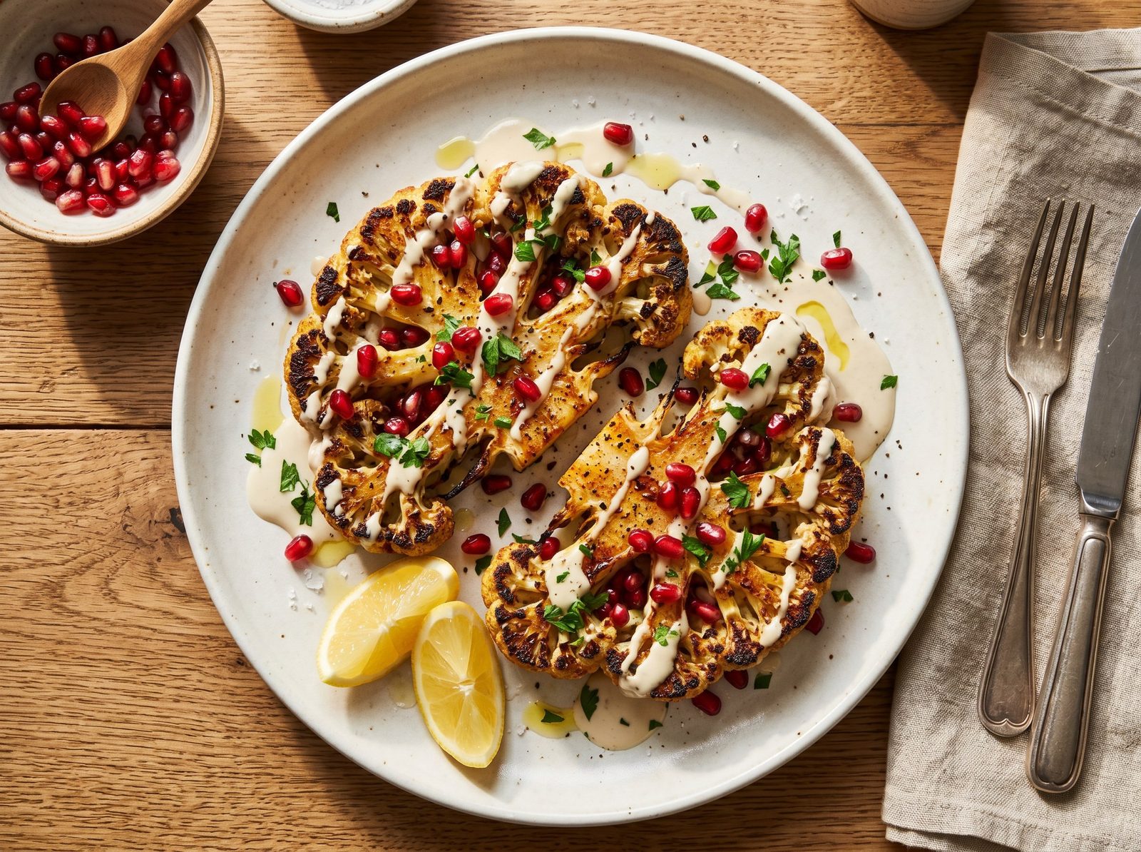 Roasted Cauliflower Steaks with Tahini Sauce and Pomegranate