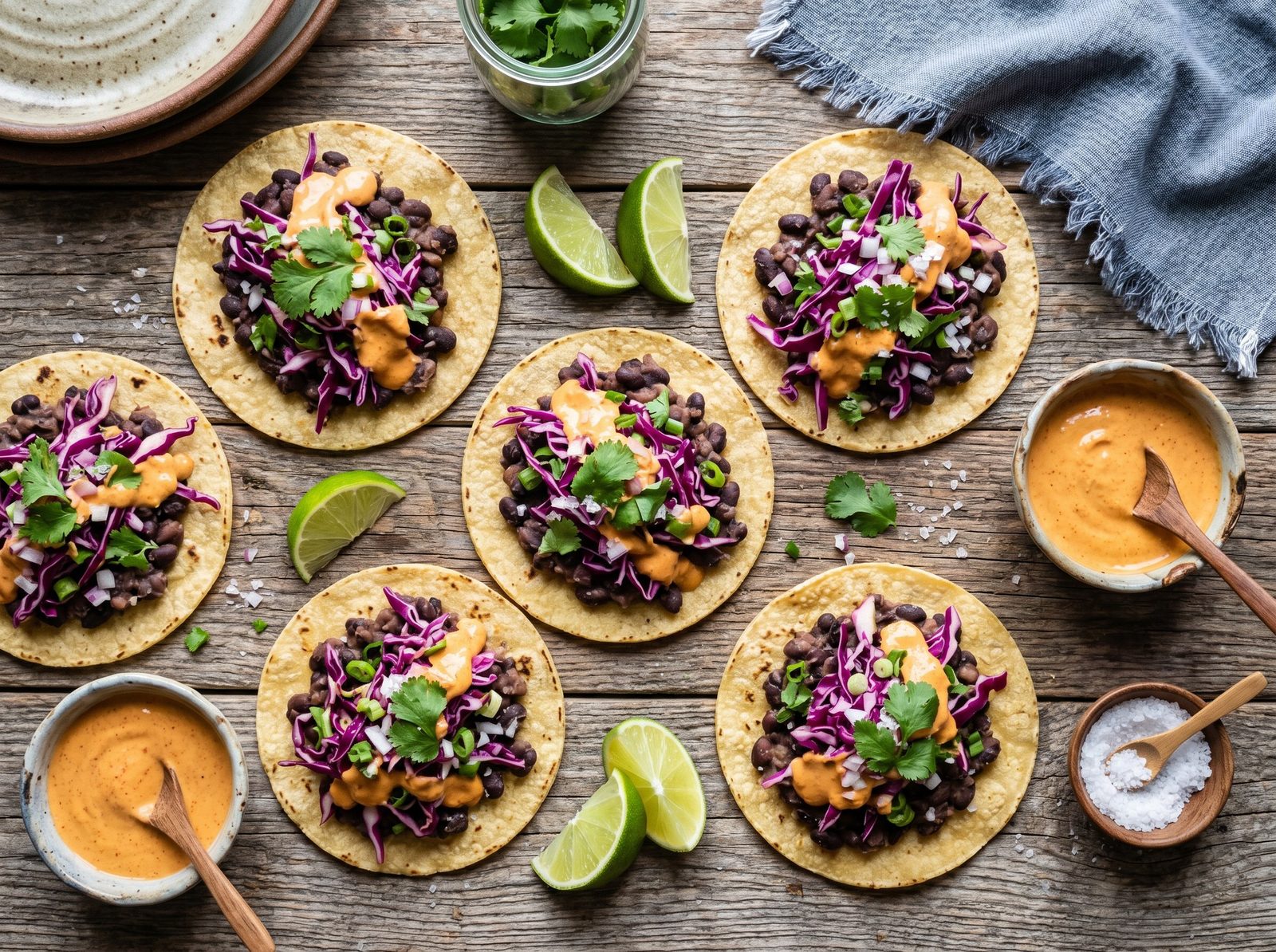 Black Bean Tacos with Cabbage Slaw and Chipotle Cashew Cream