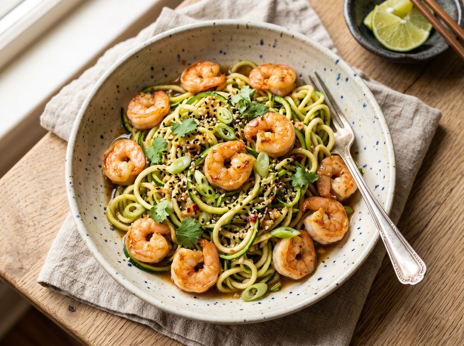 Shrimp and Zucchini Noodle Stir-Fry with Ginger and Lime