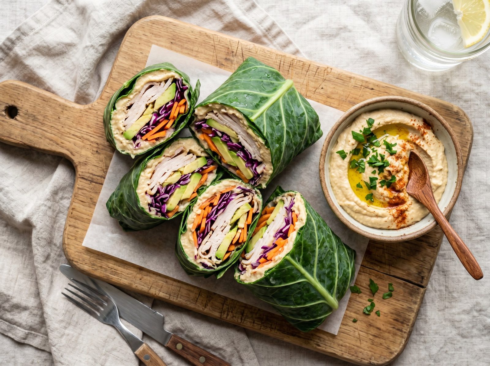 Turkey and Avocado Collard Wraps with Almond Hummus