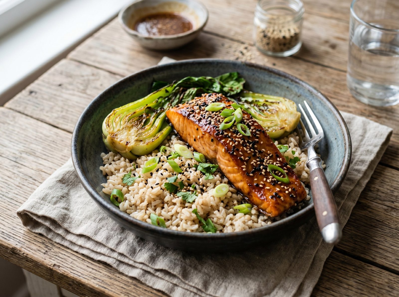 Sesame Salmon with Quick Bok Choy and Brown Rice