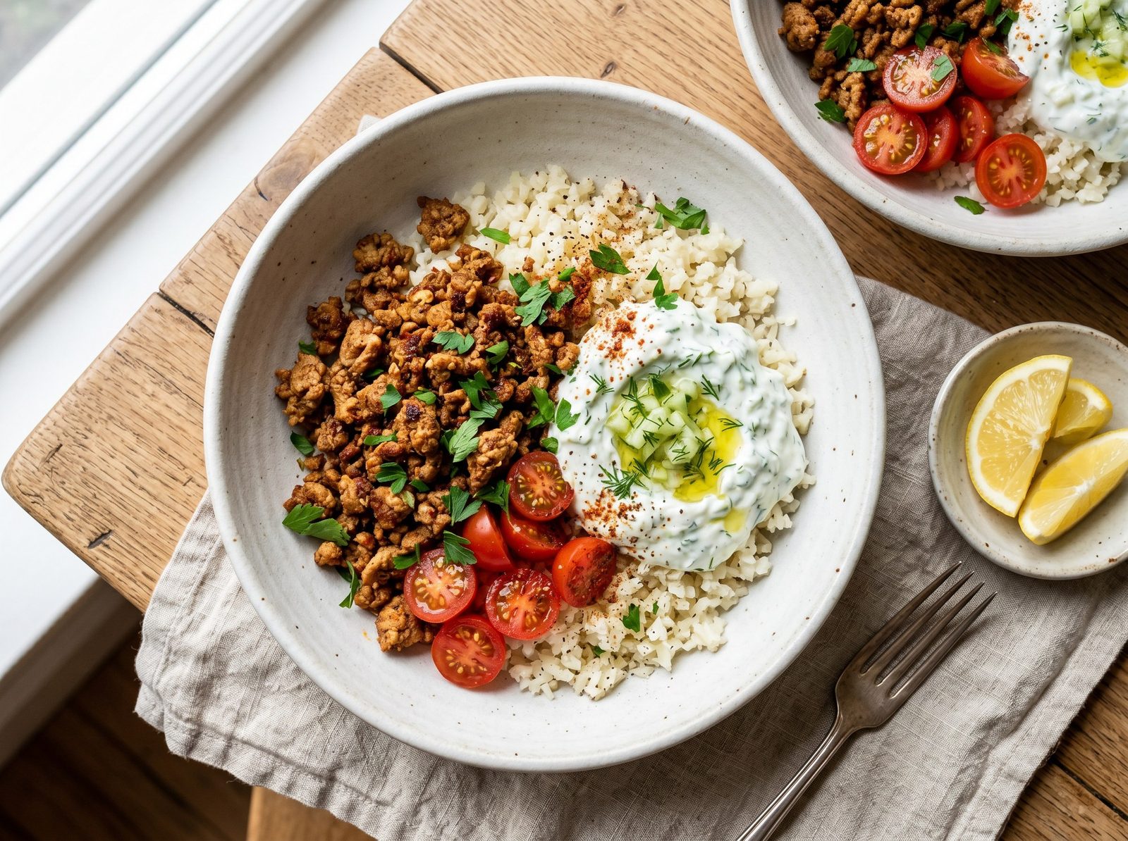 Spiced Ground Turkey Bowls with Cauliflower Rice and Tzatziki