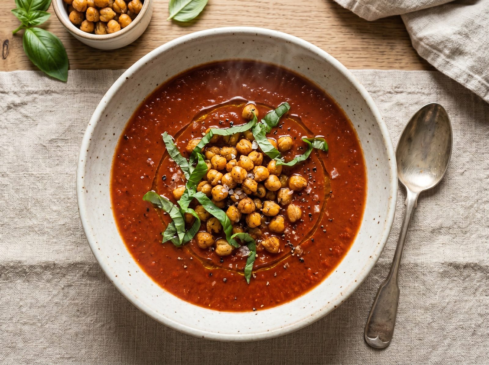 Roasted Tomato and Red Pepper Soup with Crispy Chickpeas