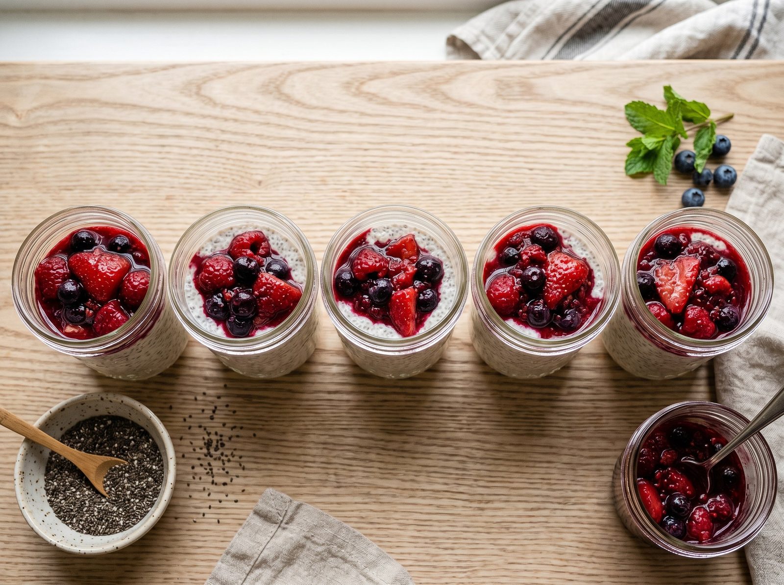 Overnight Chia Seed Pudding with Berry Compote (5-Jar Batch)