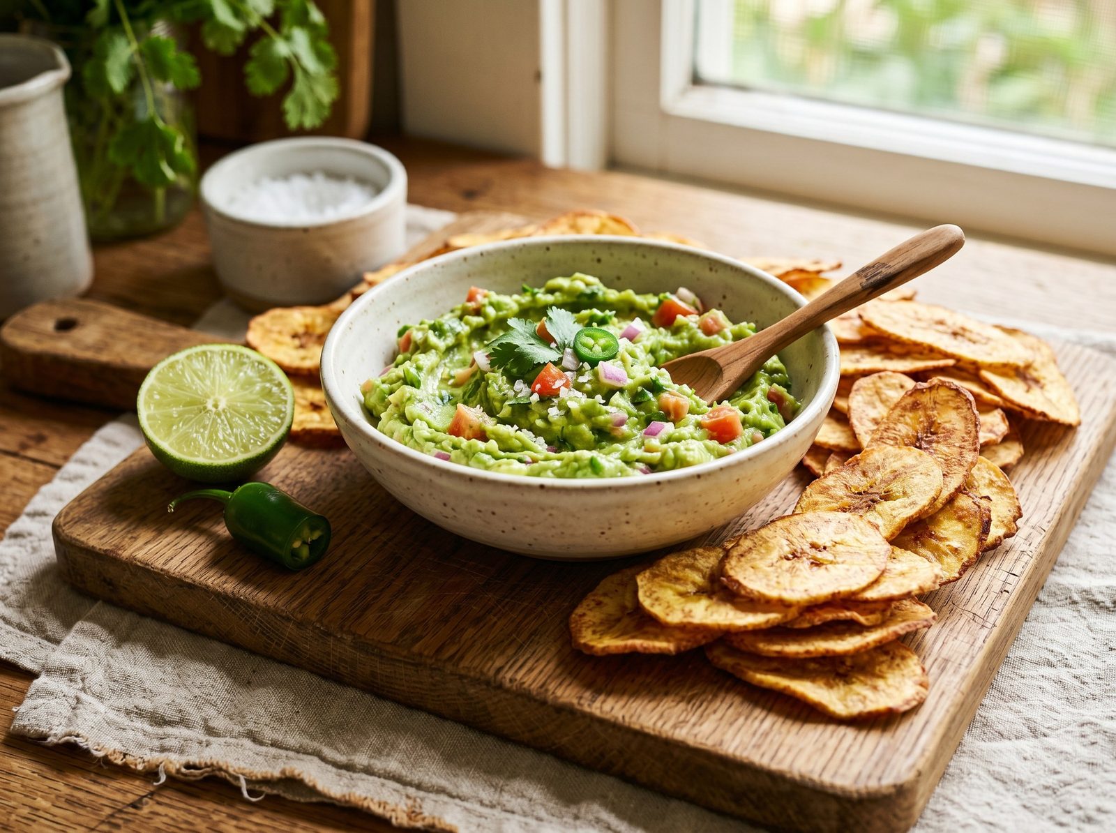 Guacamole and Baked Plantain Chips