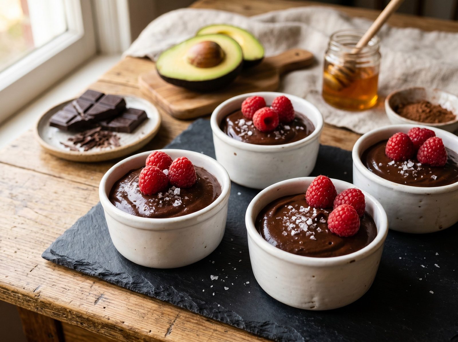 Dark Chocolate Avocado Mousse with Raspberry and Sea Salt