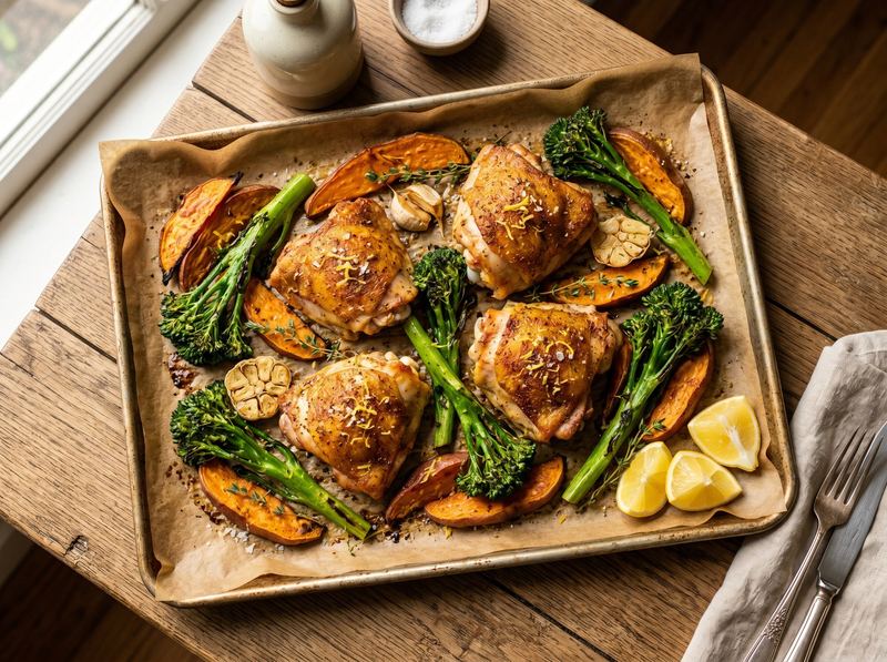 Sheet Pan Chicken Thighs with Roasted Sweet Potato and Broccolini