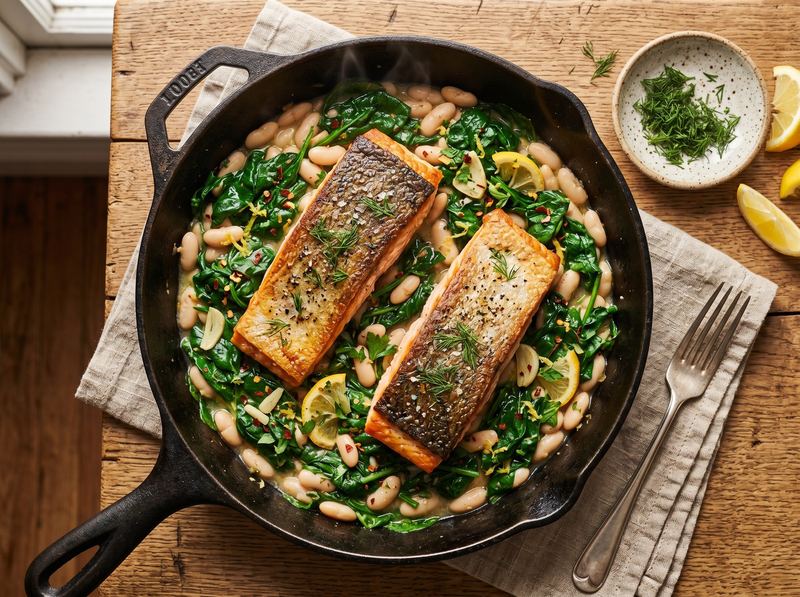 One-Skillet Salmon with Wilted Spinach and White Beans