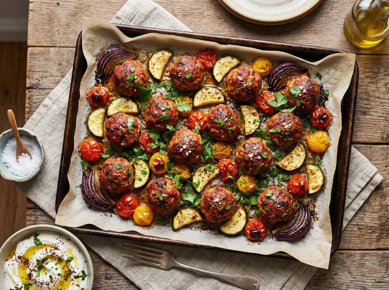 Harissa Lamb Meatballs with Roasted Zucchini and Tomatoes