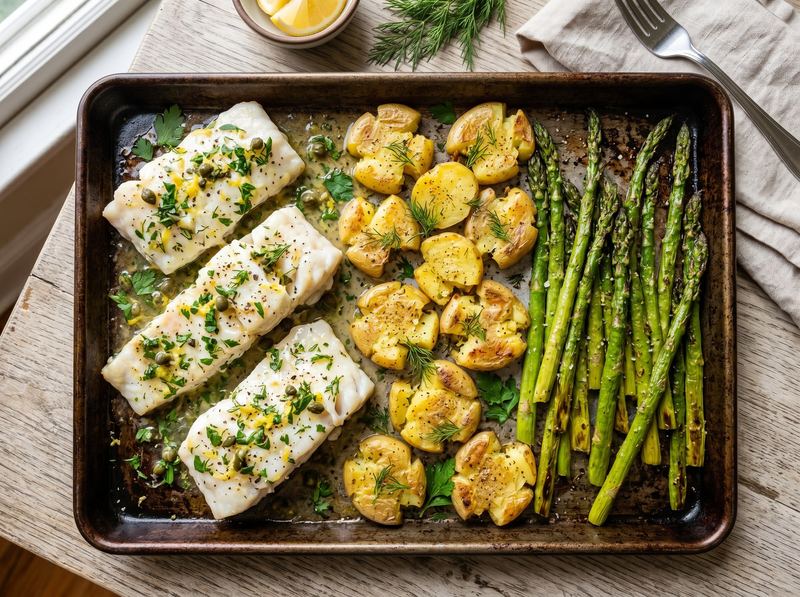 Lemon-Herb Cod with Roasted Asparagus and Smashed Potatoes