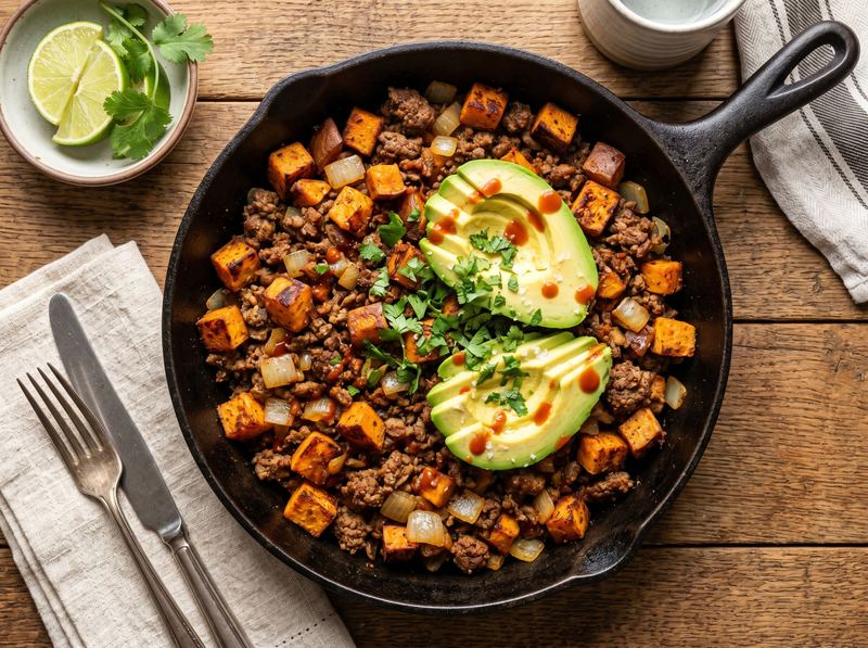 Ground Beef and Sweet Potato Skillet with Avocado