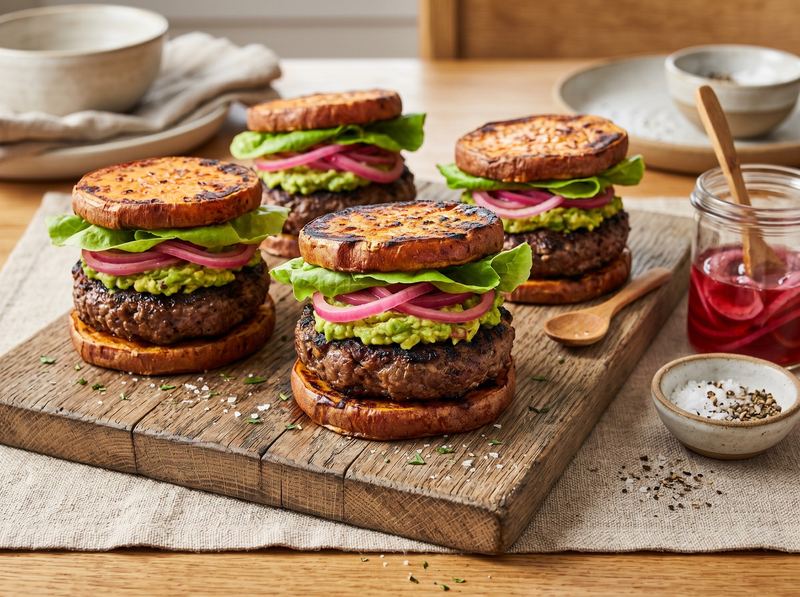 Grass-Fed Beef Burger Patties with Avocado, Pickled Onion, and Sweet Potato Buns