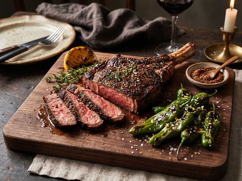 Coffee-Rubbed Ribeye with Blistered Shishito Peppers