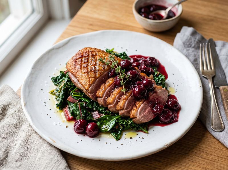 Seared Duck Breast with Cherry Sauce and Wilted Greens