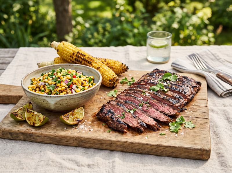 Grilled Skirt Steak with Charred Corn and Lime Salsa