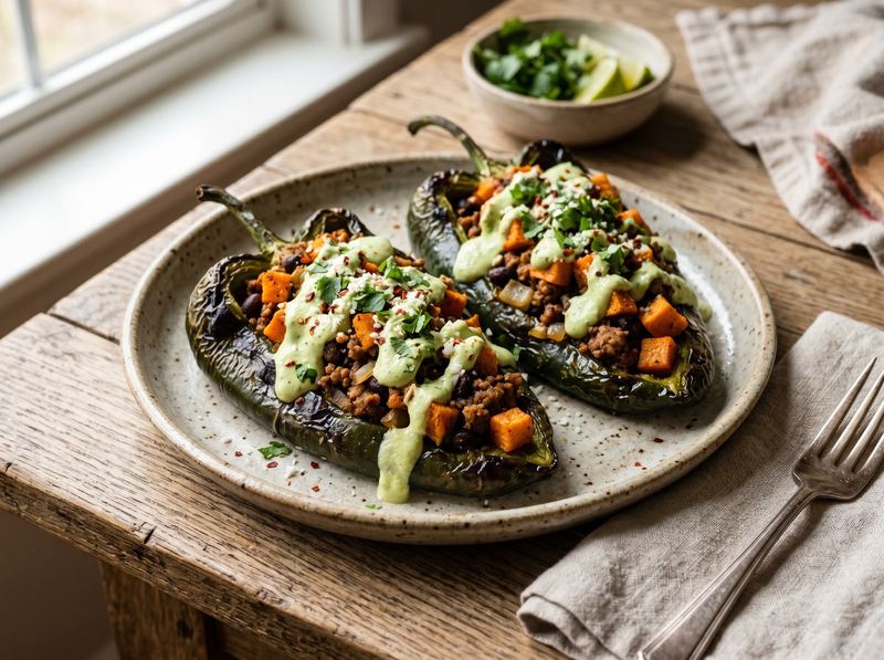 Ground Bison and Sweet Potato Stuffed Poblano Peppers
