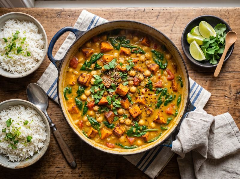 Chickpea and Sweet Potato Curry with Coconut Milk and Spinach