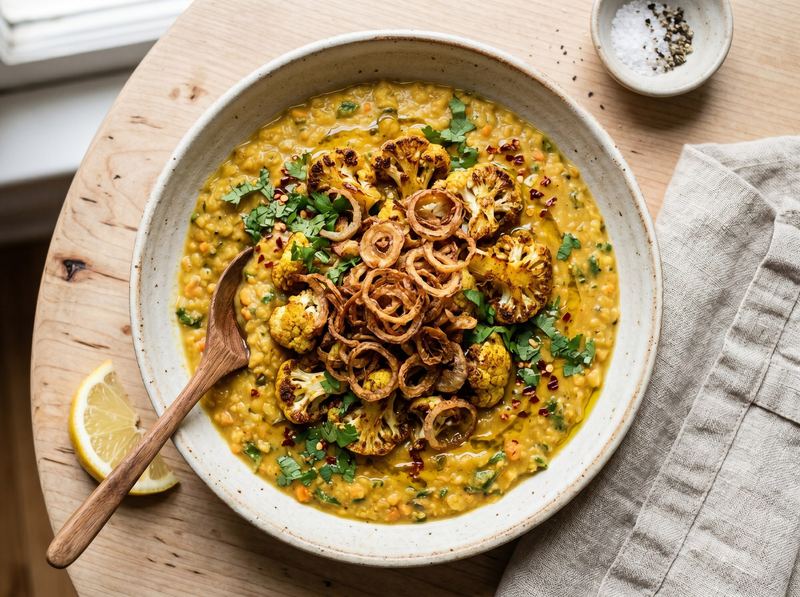 Lentil Dal with Roasted Cauliflower and Crispy Shallots