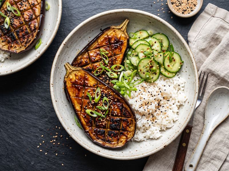 Miso-Glazed Eggplant with Sesame Rice and Quick-Pickled Cucumber