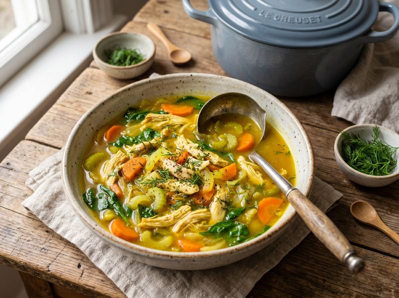Quick Chicken and Vegetable Soup with Turmeric and Lemon