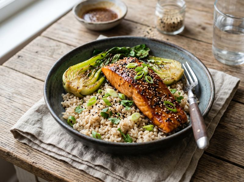 Sesame Salmon with Quick Bok Choy and Brown Rice