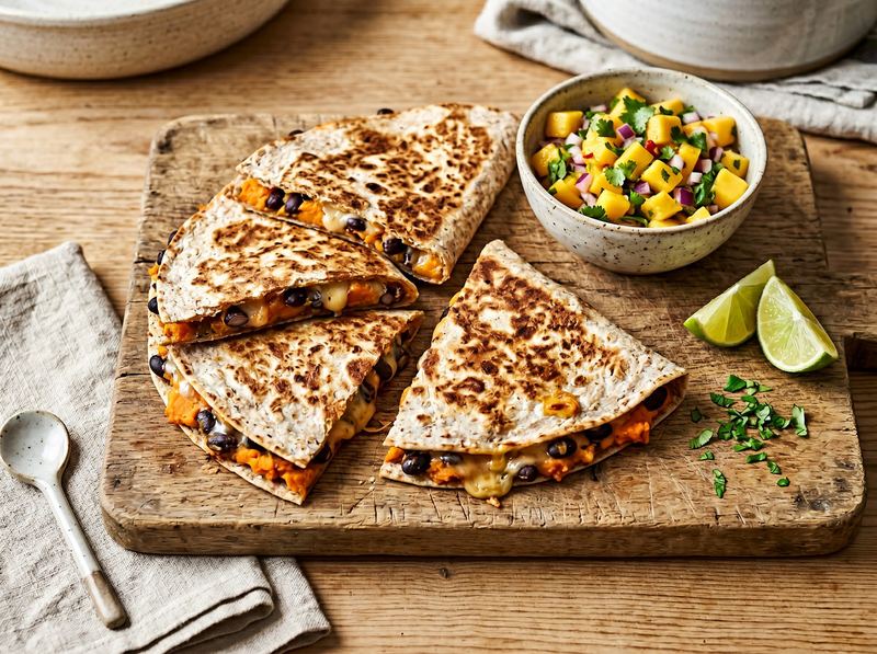 Black Bean and Sweet Potato Quesadillas with Mango Salsa