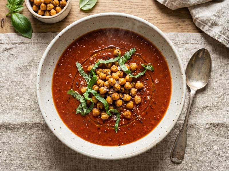 Roasted Tomato and Red Pepper Soup with Crispy Chickpeas