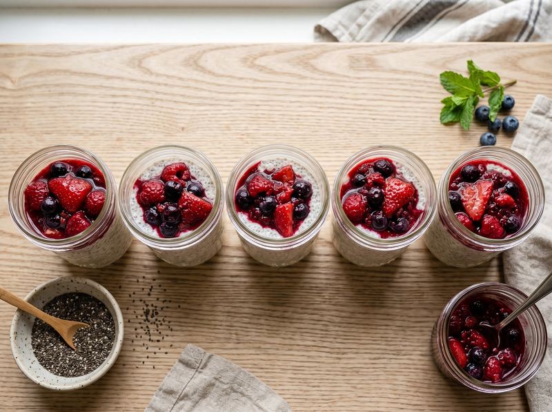 Overnight Chia Seed Pudding with Berry Compote (5-Jar Batch)