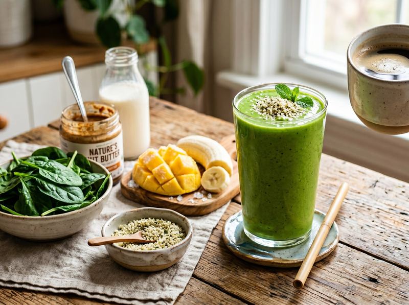 Green Protein Smoothie with Spinach, Mango, and Hemp Seeds