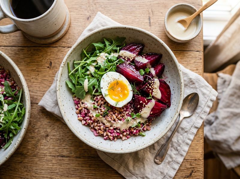 Warm Grain Bowl with Soft Egg, Roasted Beets, and Tahini