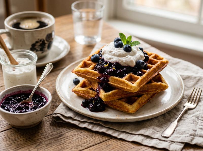 Grain-Free Waffles with Blueberry Compote and Coconut Cream