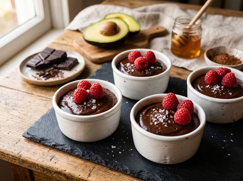 Dark Chocolate Avocado Mousse with Raspberry and Sea Salt
