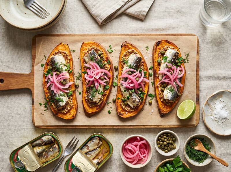 Sweet Potato Toast with Sardines and Pickled Onion