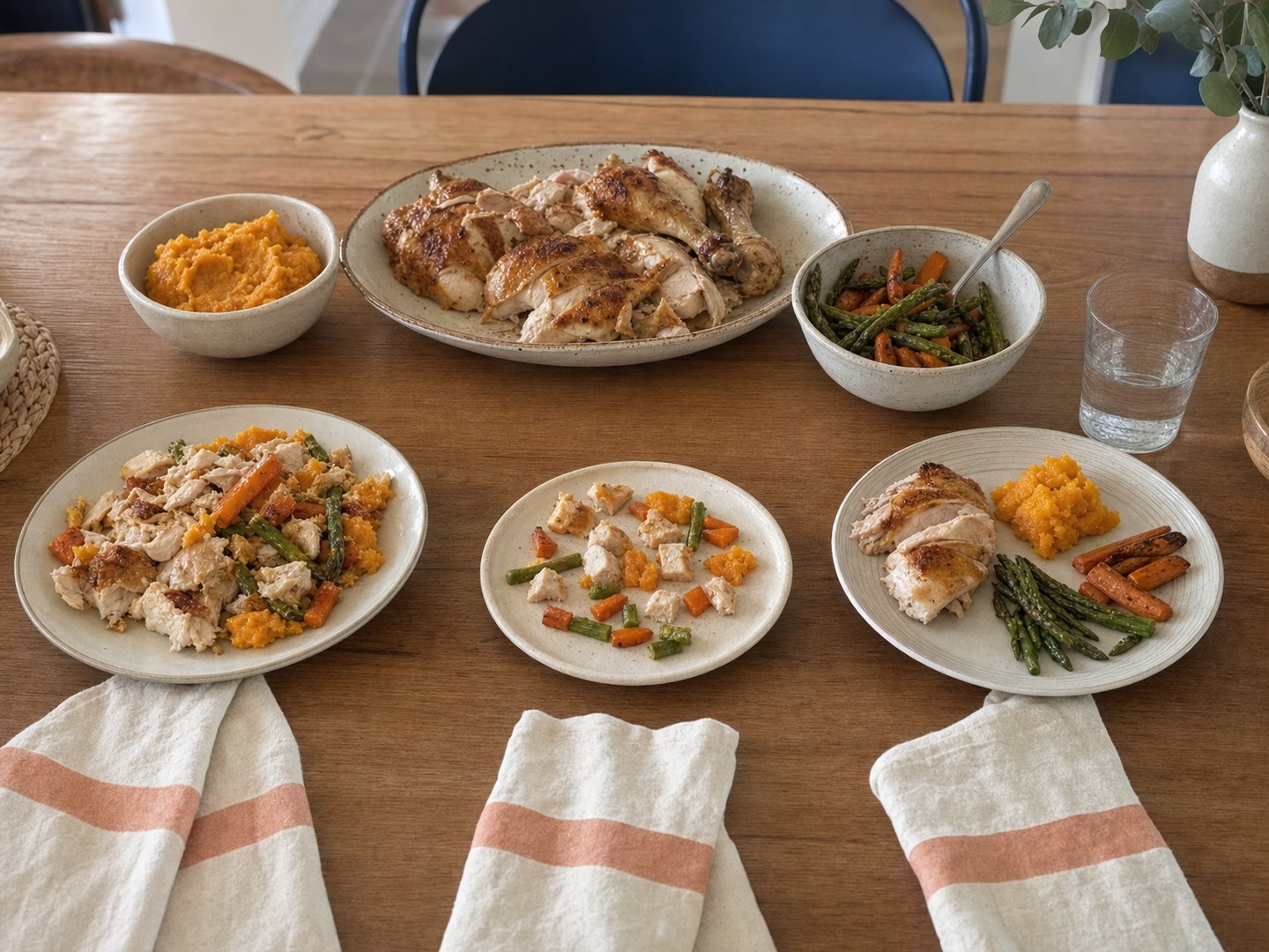 A warm oak family dining table set for a shared meal, three-quarter view: a large speckled ceramic platter of golden roast chicken pieces in the center, a bowl of mashed sweet potato, a bowl of roasted asparagus and carrots, and three place settings in the foreground showing the same food portioned differently — an adult plate with everything mixed together, a small plate with the food cut into toddler-safe pieces, and a plate with the components pulled slightly apart. Cream linen napkins with a single peach horizontal stripe. A navy chair and a small ceramic vase of greenery visible in the background.