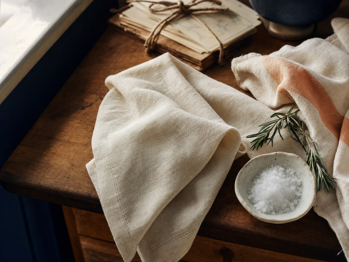 A cream linen towel with a peach stripe draped across a warm wooden counter beside a small dish of flaky sea salt, fresh rosemary, and a stack of handwritten recipe cards tied with twine.