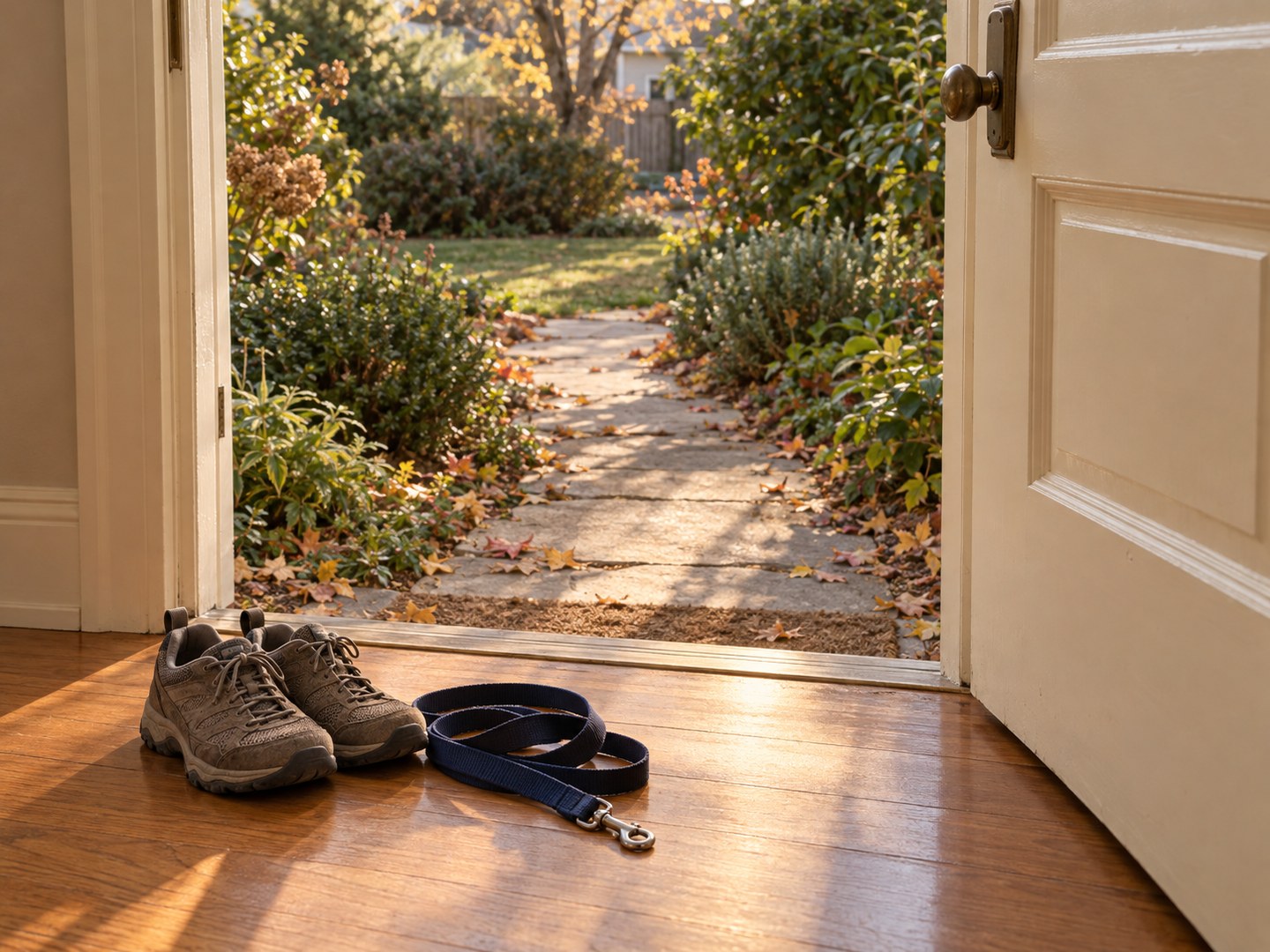 A pair of walking shoes and a coiled navy dog leash on a wooden floor beside an open cream door, with afternoon sunlight falling across a stone garden path outside.