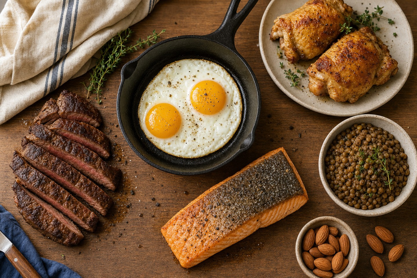 An overhead shot of a simple weeknight dinner plate — pan-seared chicken thigh, a soft-cooked egg halved open, a pile of roasted vegetables, and a small scoop of lentils — on a cream ceramic plate against a warm wood table, no supplement bottles or scoops in frame.