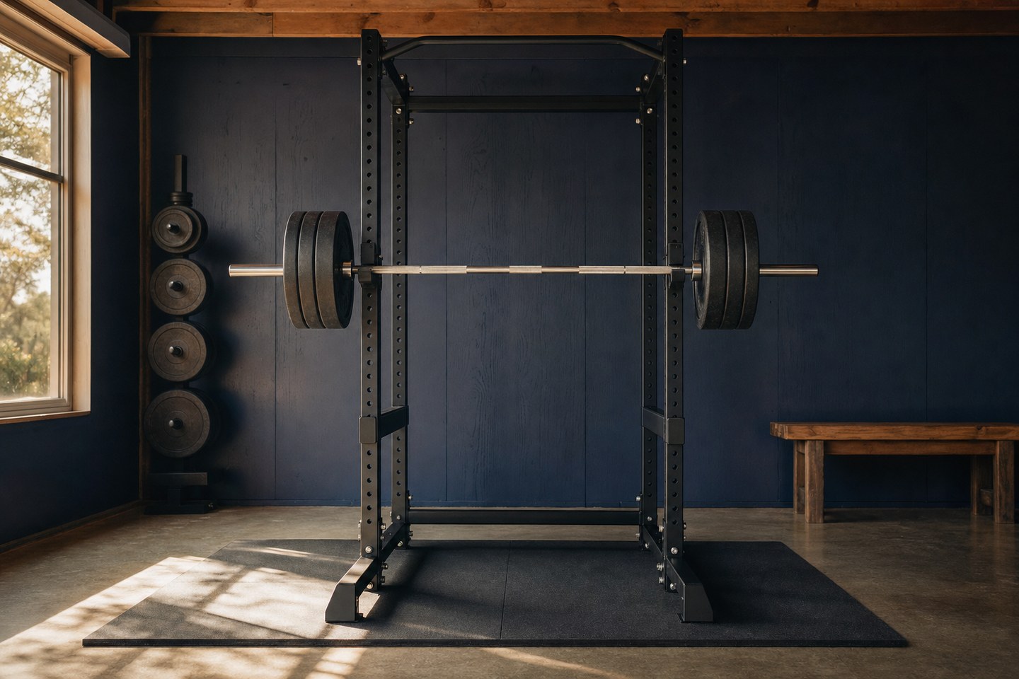 A clean garage gym with a barbell racked in a power rack, loaded with 45-pound plates for a heavy back squat, on a swept concrete floor.