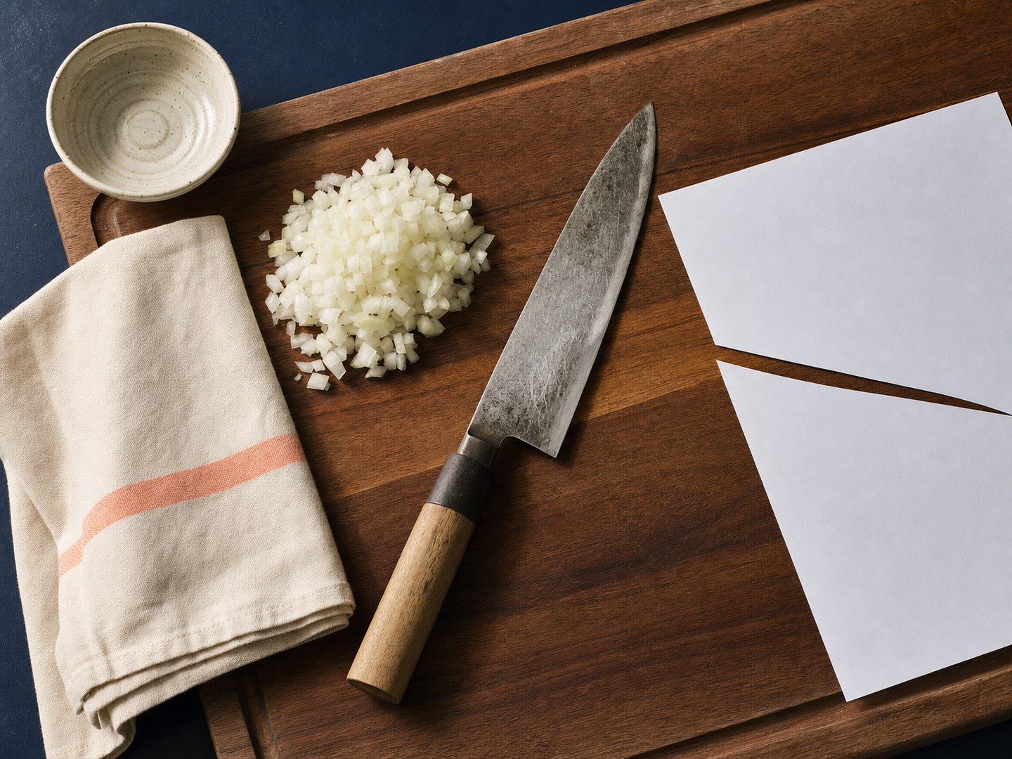 An overhead flat-lay on a deep navy surface: a well-used chef's knife with a wooden handle rests diagonally across a warm walnut cutting board. On one side, a small mound of finely, evenly diced yellow onion and a small speckled ceramic bowl. On the other side, a folded cream linen napkin with a single peach stripe. To the right, a sheet of white printer paper cleanly sliced through, showing the knife-edge test.