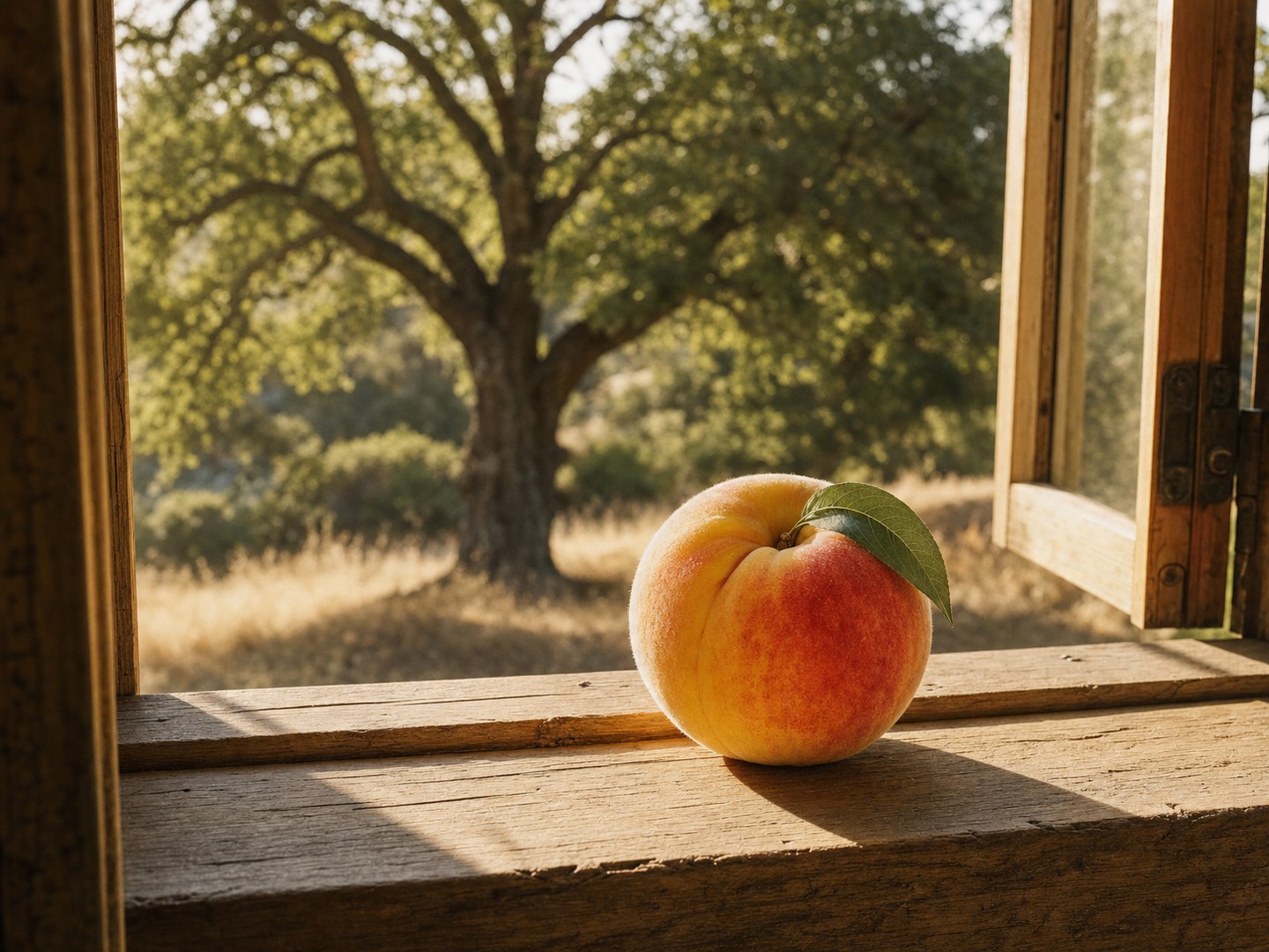A single ripe peach with a warm red-orange blush and one green leaf still attached, resting on a bare weathered wood windowsill. The window is open and filtered morning sunlight streams in from the left, casting long shadows across the sill. Softly out of focus beyond the window: a mature California oak tree and sun-bleached golden grasses.