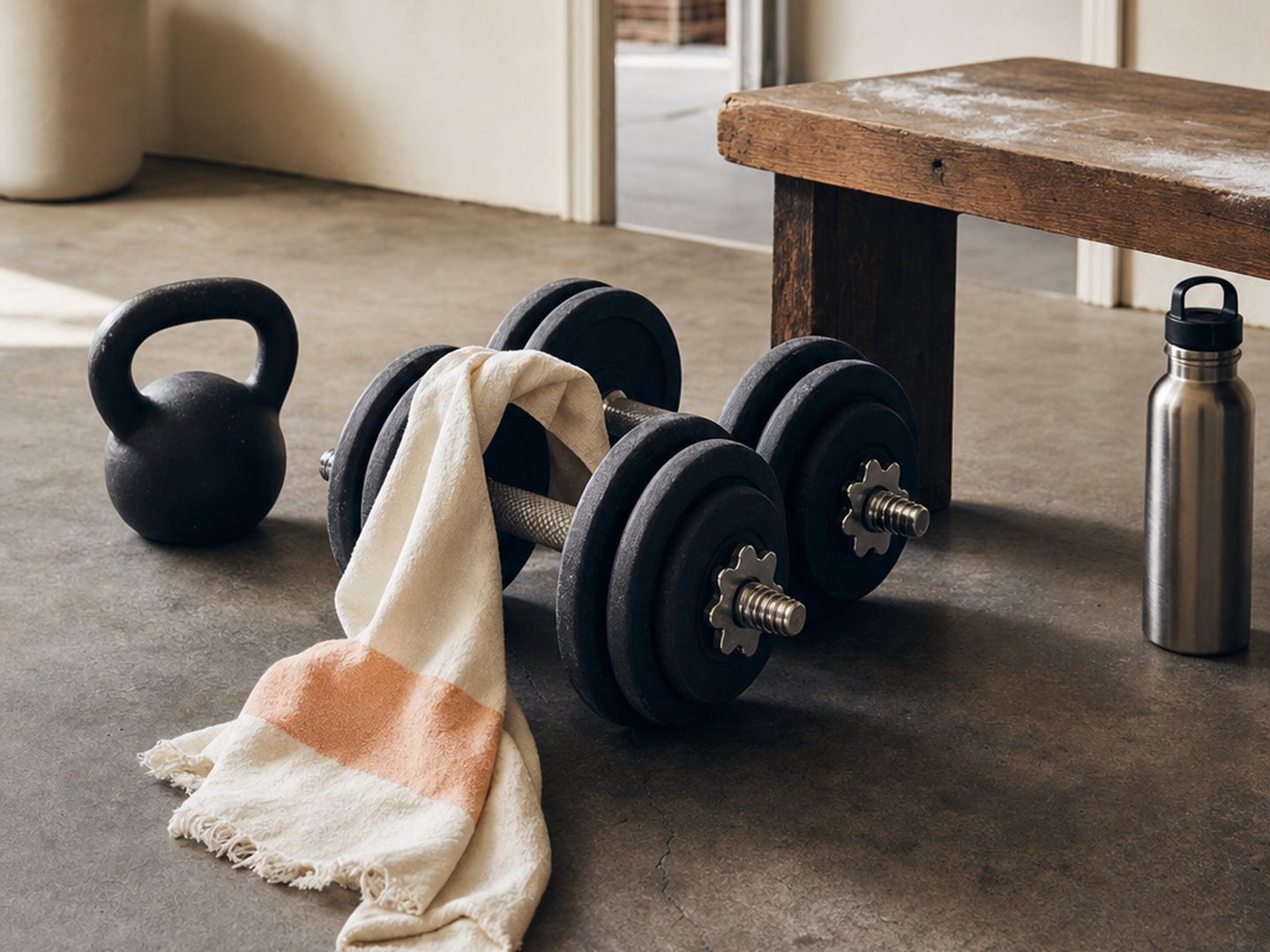 A minimal home strength setup on a clean concrete garage floor: a black cast-iron kettlebell on the left, a pair of adjustable dumbbells in the center with a cream linen towel with a peach stripe draped over them, a stainless water bottle on the right, and the edge of a rustic wooden bench.