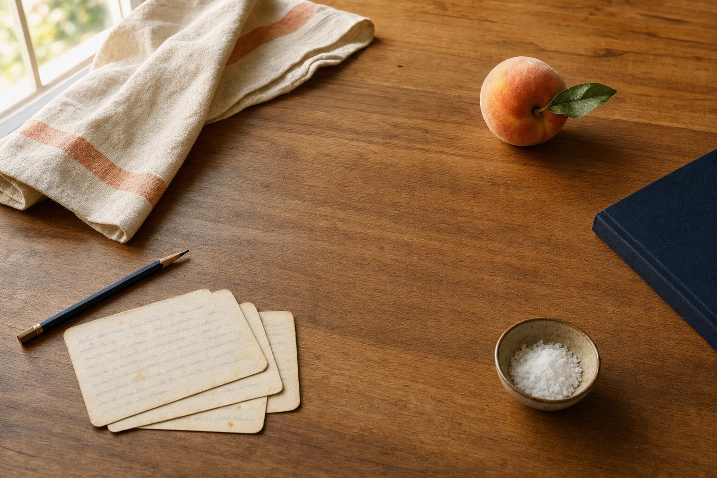A warm wooden kitchen counter with an open space at the center, surrounded by a cream linen towel with peach stripes, a ripe peach, a pencil, worn recipe cards, a bowl of flaky salt, and the cropped edge of a navy notebook.