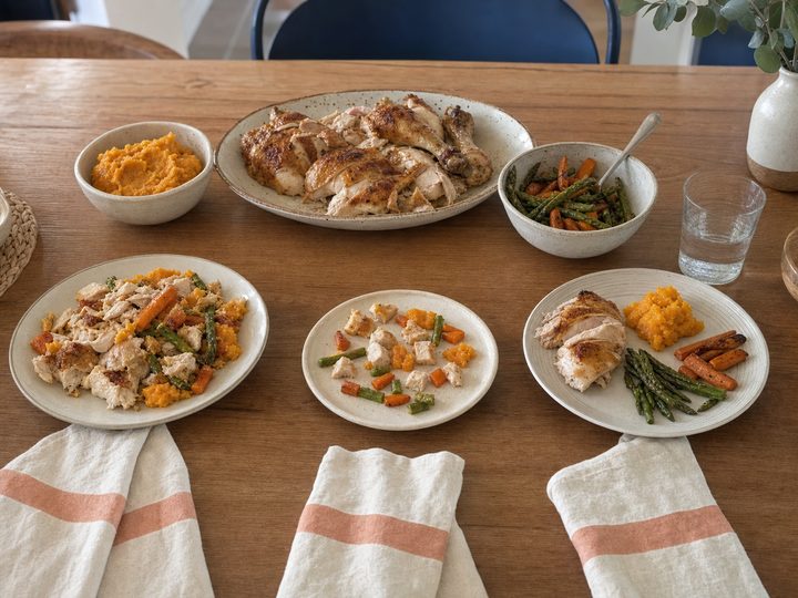 A warm oak family dining table set for a shared meal, three-quarter view: a large speckled ceramic platter of golden roast chicken pieces in the center, a bowl of mashed sweet potato, a bowl of roasted asparagus and carrots, and three place settings in the foreground showing the same food portioned differently — an adult plate with everything mixed together, a small plate with the food cut into toddler-safe pieces, and a plate with the components pulled slightly apart. Cream linen napkins with a single peach horizontal stripe. A navy chair and a small ceramic vase of greenery visible in the background.
