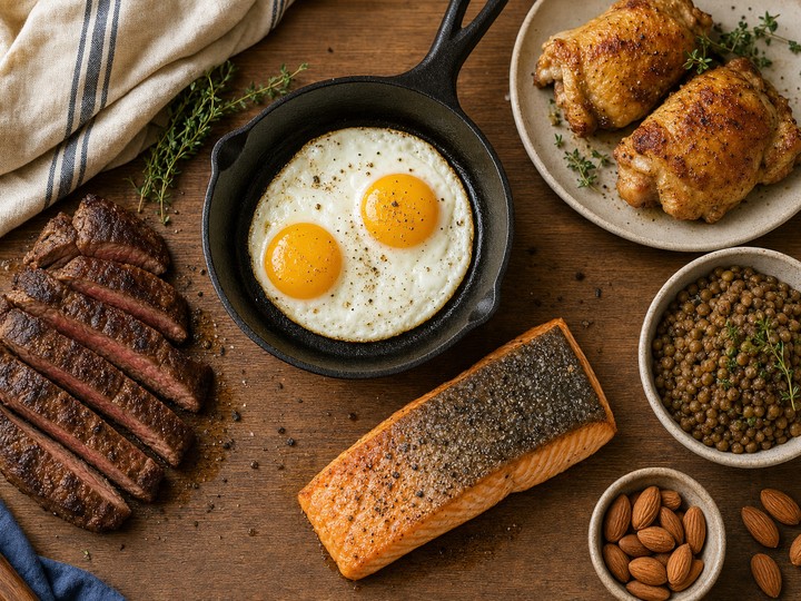 An overhead shot of a simple weeknight dinner plate — pan-seared chicken thigh, a soft-cooked egg halved open, a pile of roasted vegetables, and a small scoop of lentils — on a cream ceramic plate against a warm wood table, no supplement bottles or scoops in frame.